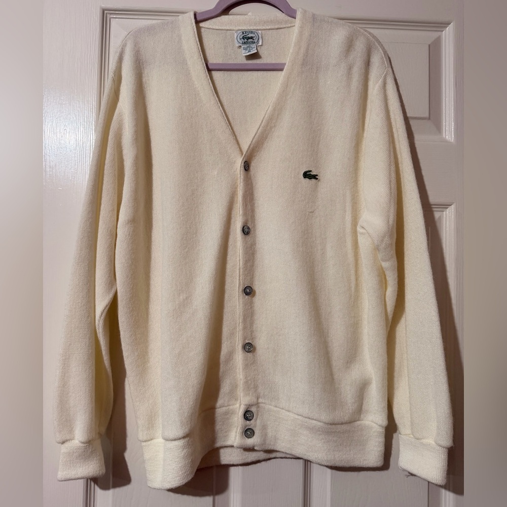 Vintage Lacoste Men's Off-White Cardigan Sweater
